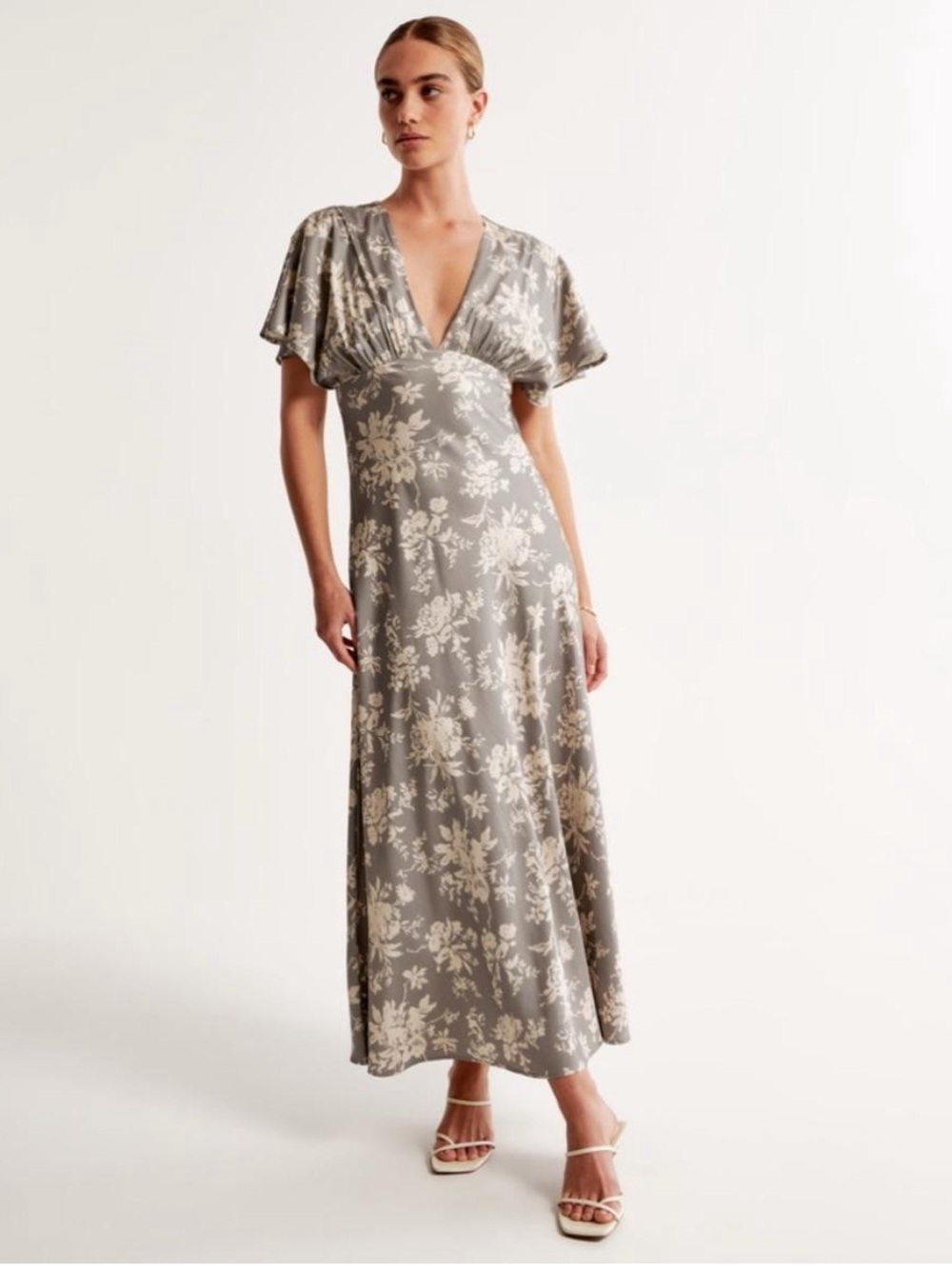Abercrombie & Fitch Gray Satin Maxi Dress with Cream Floral Print